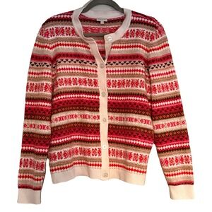 Talbots Fair Isle Red Pink Cardigan‎ Large Valentines Day Cozy Cottage Spring